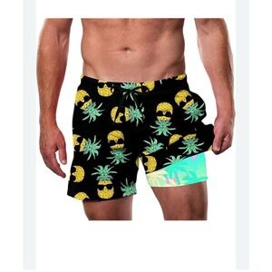 Men's Quick Dry Swim Trunks‎ with Compression Liner Inseam Pockets Pineapple Med